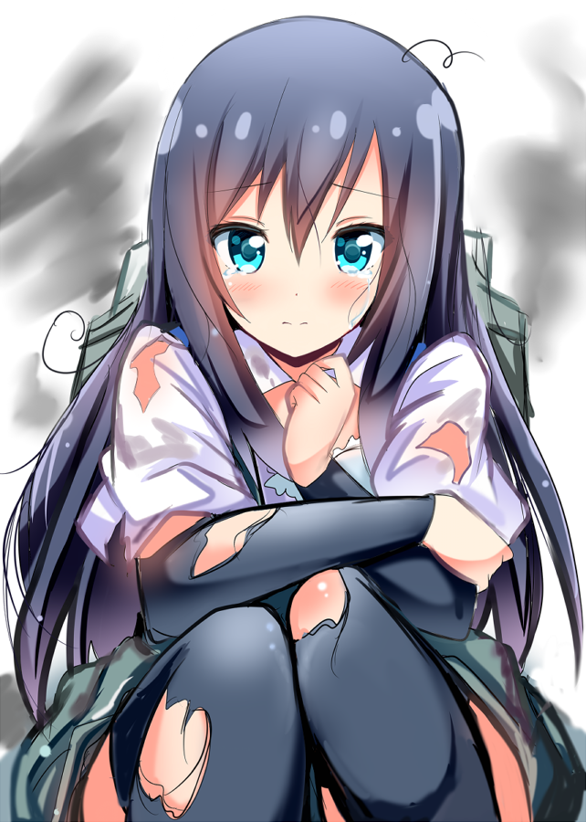 aqua_eyes asashio_(kantai_collection) black_hair kantai_collection long_hair looking_at_viewer md5_mismatch shinekalta skirt solo tears thighhighs torn_clothes