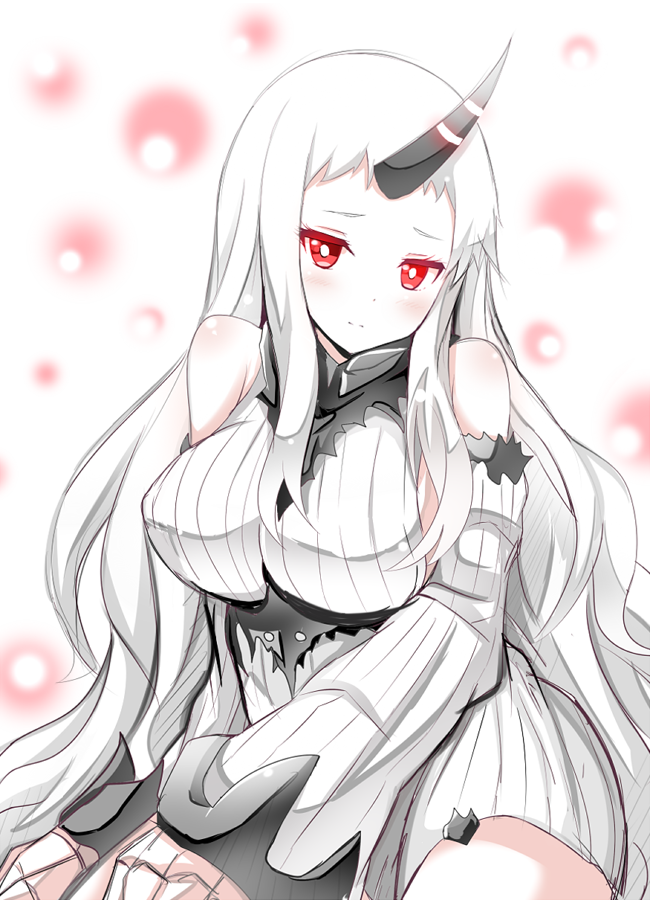 blush breasts claws detached_sleeves dress horn kantai_collection large_breasts long_hair md5_mismatch pale_skin red_eyes ribbed_dress seaport_hime shinekalta shinkaisei-kan short_dress solo very_long_hair white_hair