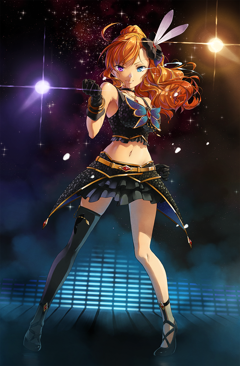 ahoge bangle banned_artist black_gloves blue_eyes bracelet breasts gloves hair_ornament heterochromia high_heels highres huge_ahoge idol idolmaster idolmaster_(classic) idolmaster_one_for_all jewelry large_breasts leon_(idolmaster) long_hair midriff nigiriushi nose orange_hair purple_eyes showgirl_skirt single_thighhigh smile solo space star_(sky) thighhighs