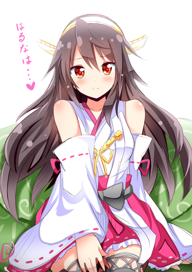 bare_shoulders black_hair brown_hair detached_sleeves haruna_(kantai_collection) headgear japanese_clothes kantai_collection long_hair md5_mismatch nontraditional_miko orange_eyes shinekalta smile solo thighhighs translated