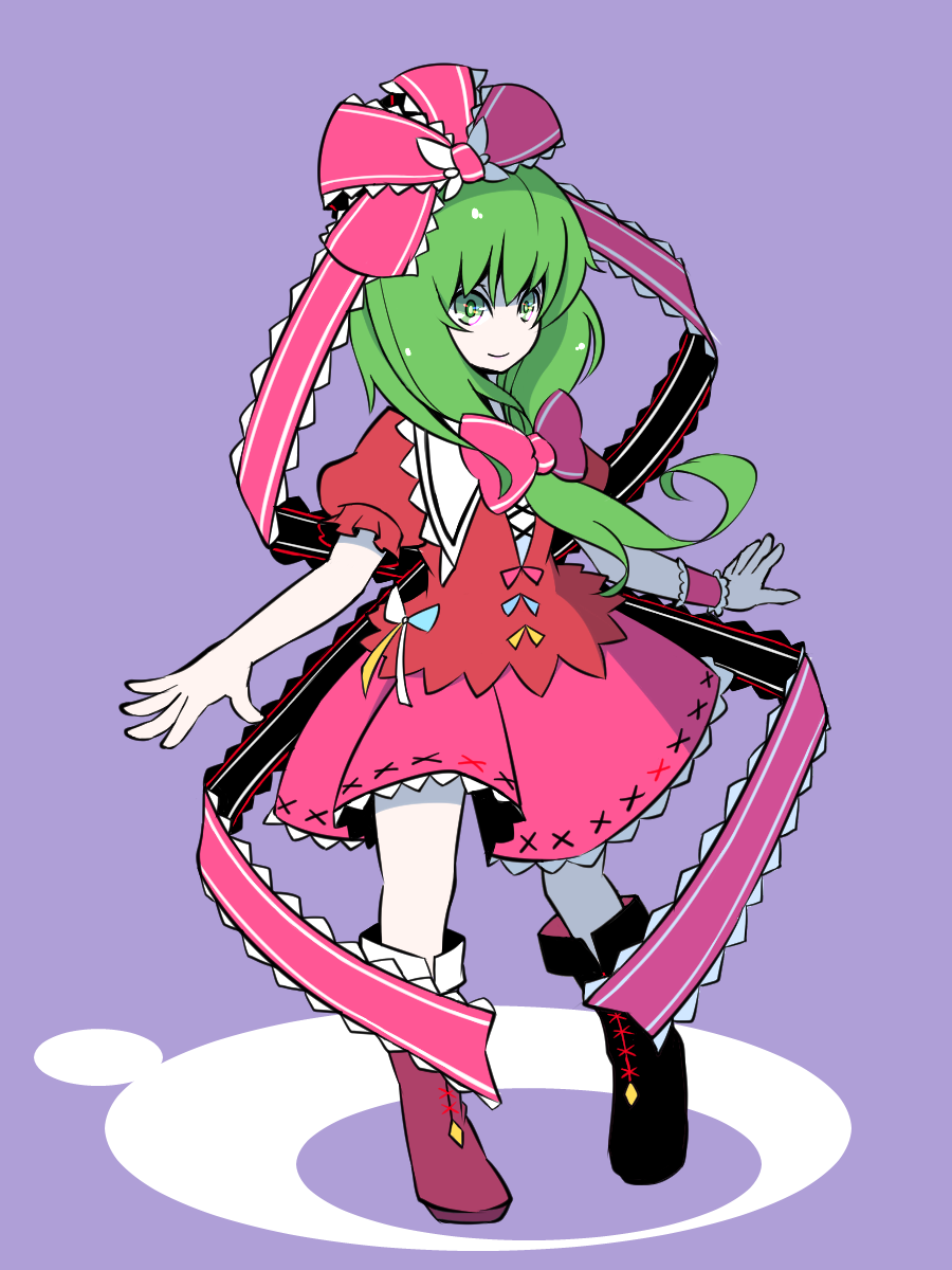 bad_id bad_pixiv_id boots bow cross-laced_footwear dress front_ponytail full_body green_eyes green_hair hair_bow hair_ribbon highres kagiyama_hina lace-up_boots long_hair outstretched_arms puffy_short_sleeves puffy_sleeves purple_background red_dress ribbon short_sleeves simple_background skirt skirt_set smile solo standing totosehi touhou wrist_ribbon