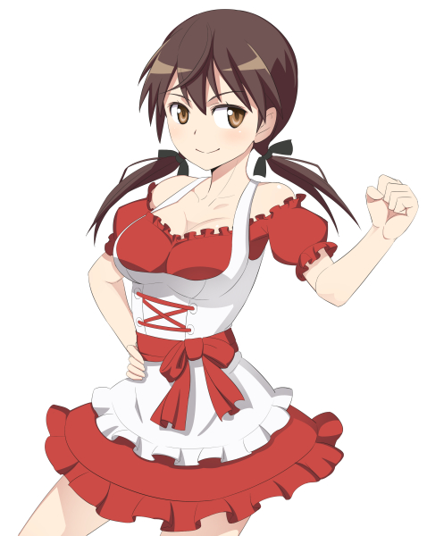 alternate_costume blush breasts brown_eyes brown_hair caryo cleavage clenched_hand collarbone dirndl german_clothes gertrud_barkhorn hand_on_hip large_breasts long_hair nanashino simple_background smile solo strike_witches twintails white_background world_witches_series