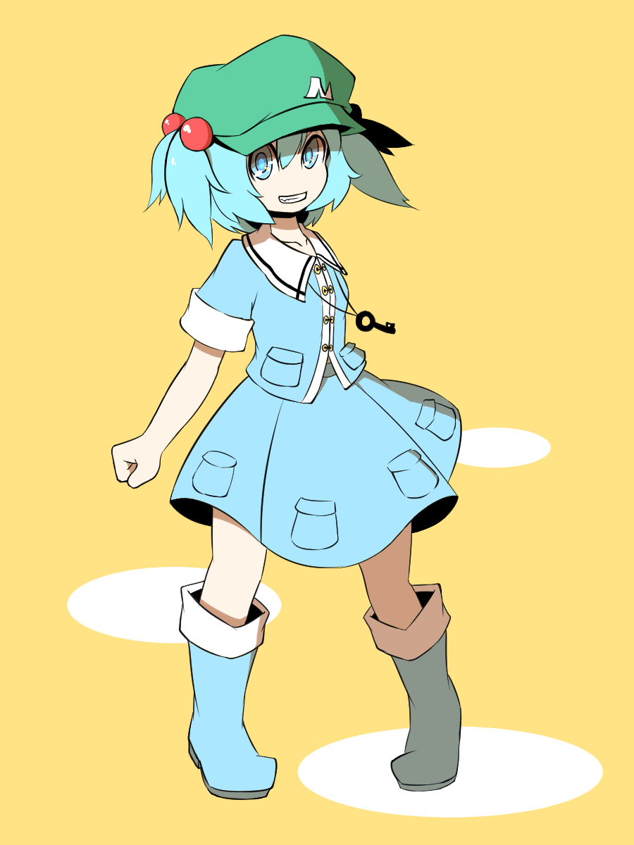 bad_id bad_pixiv_id blue_eyes blue_hair boots circle dress full_body grin hair_bobbles hair_ornament hands_clasped hat highres jewelry kawashiro_nitori key key_necklace looking_at_viewer necklace own_hands_together pigeon-toed rubber_boots short_hair short_sleeves short_twintails simple_background skirt skirt_set smile solo standing totosehi touhou twintails two_side_up yellow_background