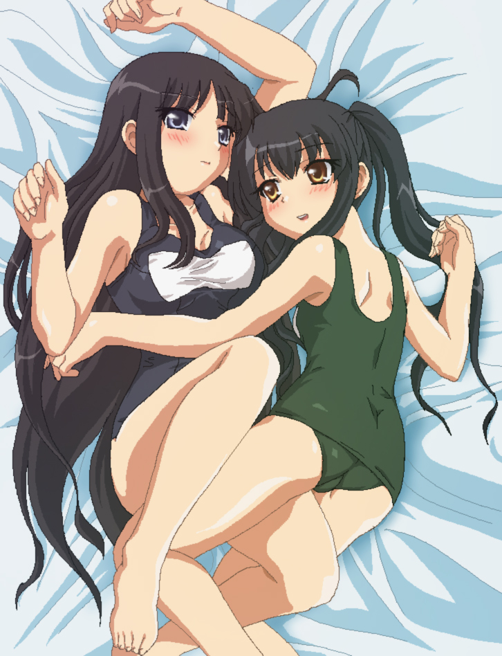 akiyama_mio alternate_color_school_swimsuit barefoot black_eyes black_hair black_school_swimsuit brown_eyes derivative_work feet green_swimsuit hayashiya_zankurou k-on! leg_between_thighs long_hair lying multiple_girls nakano_azusa one-piece_swimsuit school_swimsuit swimsuit twintails