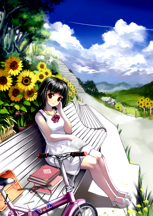 bad_id bad_pixiv_id bench bicycle black_hair book cloud day dress flower folding_bicycle ground_vehicle mary_janes miyazaki_byou original red_eyes scenery shoes short_hair sitting sky solo stairs sunflower
