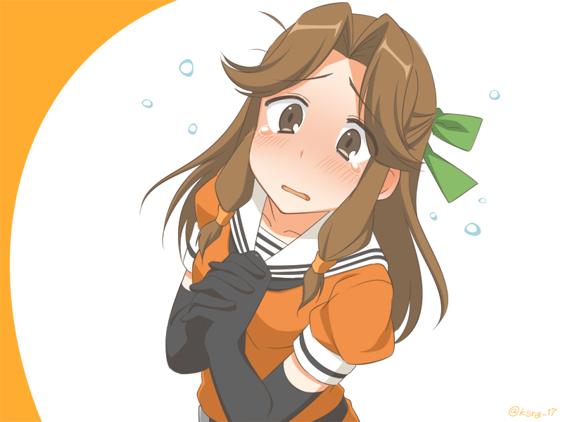 brown_eyes brown_hair elbow_gloves gloves hands_clasped image_sample jintsuu_(kantai_collection) kantai_collection kisaragi_hina long_hair own_hands_together pixiv_sample solo tears