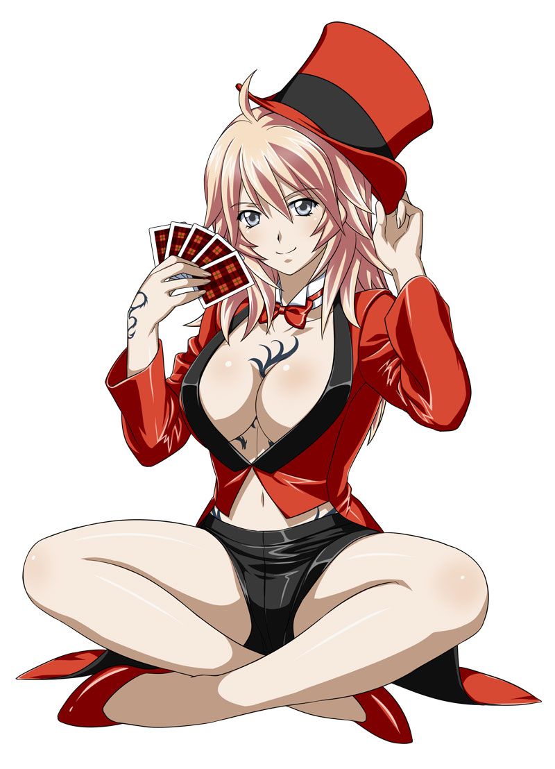 black_shorts breasts card cleavage collarbone grey_eyes hat holding holding_card ikkitousen ikkitousen_eloquent_fist large_breasts looking_at_viewer navel red_hat shibai_chuutatsu shorts simple_background sitting smile solo tattoo white_background