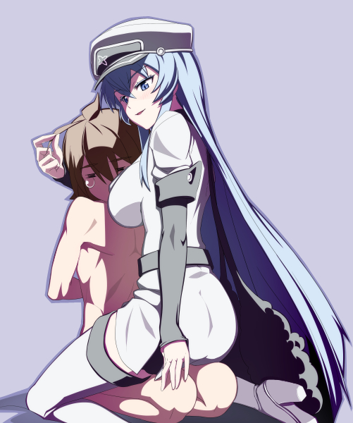 1girl akame_ga_kill! bdsm blue_eyes blue_hair bondage boots bound brown_hair caryo clothed_female_nude_male esdeath femdom hat long_hair military military_uniform nanashino nude peaked_cap tatsumi_(akame_ga_kill!) tears thigh_boots thighhighs uniform