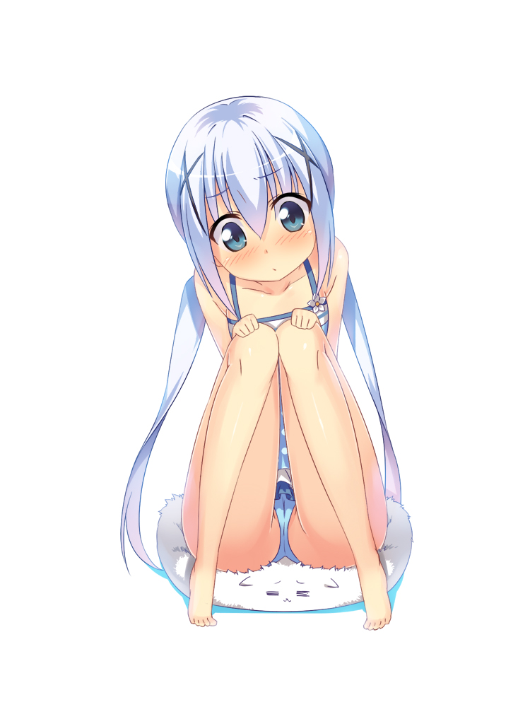 blue_eyes blue_hair blue_panties blush gia_kon gochuumon_wa_usagi_desu_ka? hair_ornament hairclip kafuu_chino long_hair panties simple_background sitting swimsuit tippy_(gochiusa) twintails underwear white_background x_hair_ornament