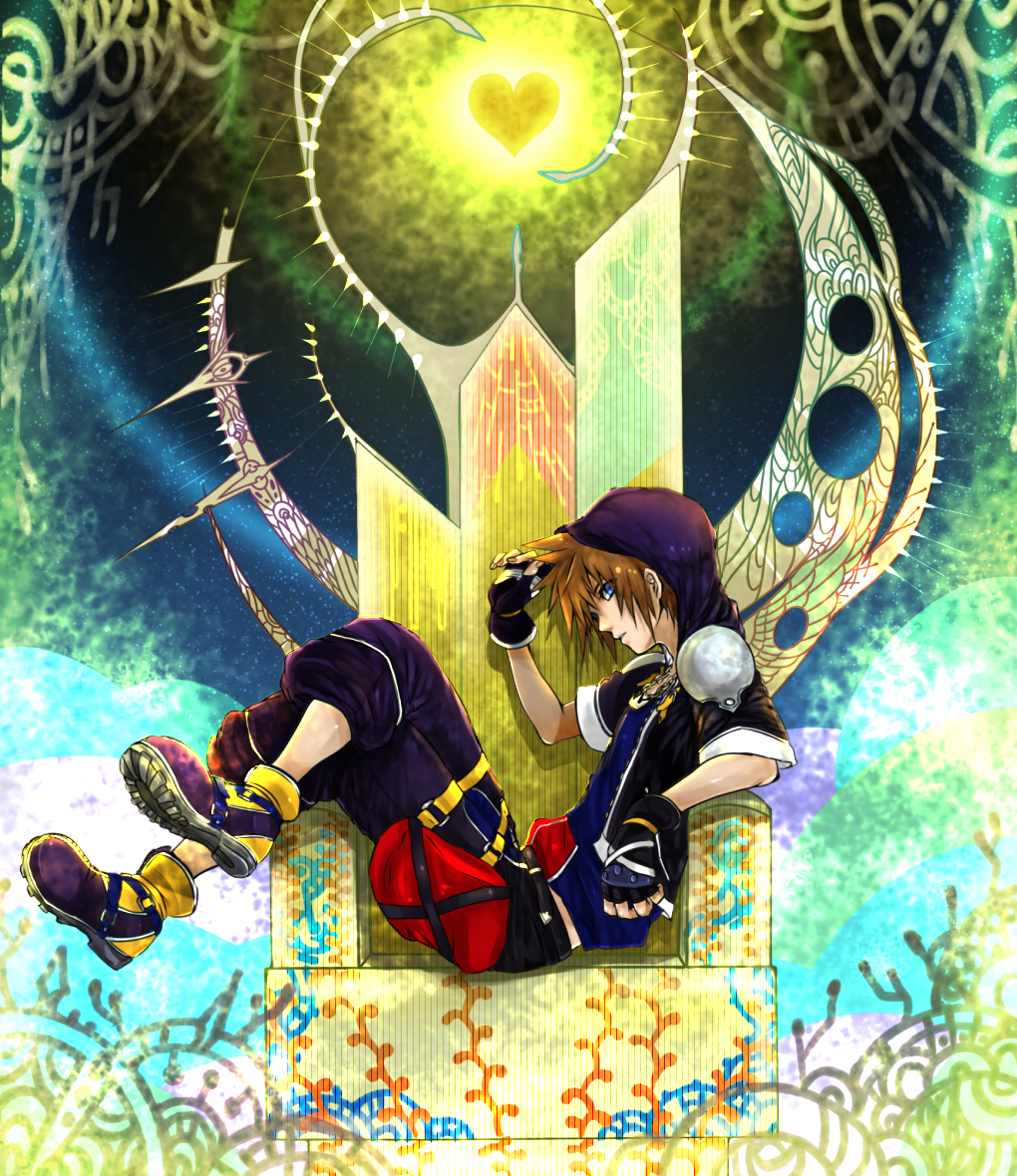 blue_eyes brown_hair hood hoodie kingdom_hearts short_jacket sora_(kingdom_hearts) throne