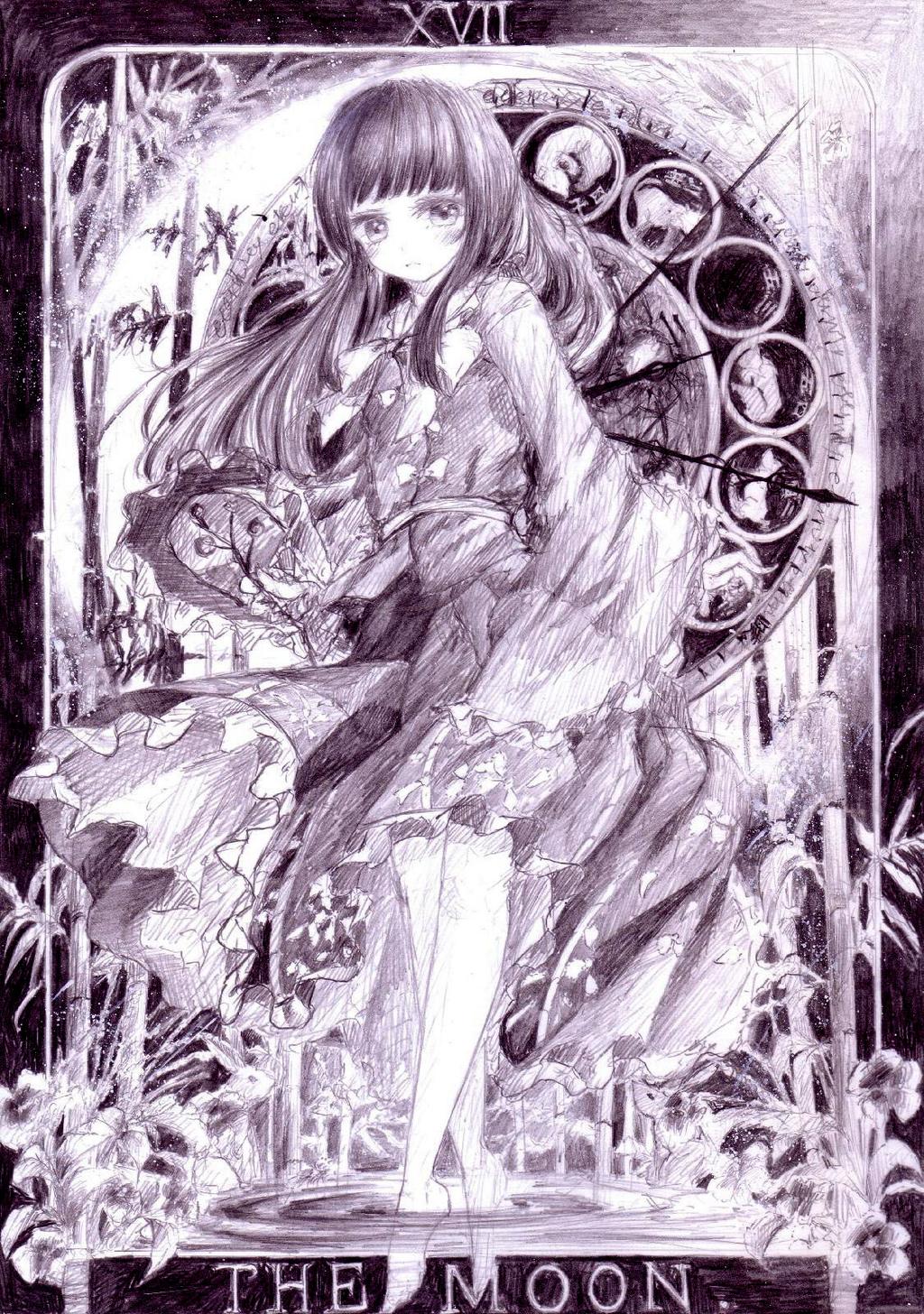 1girl bamboo bare_legs barefoot bow branch clock commentary_request darkkanan feet_in_water full_body full_moon graphite_(medium) highres holding houraisan_kaguya japanese_clothes jeweled_branch_of_hourai kimono long_hair looking_at_viewer moon partially_submerged roman_numerals sketch skirt skirt_lift soaking_feet tarot the_moon touhou traditional_media wading water zodiac