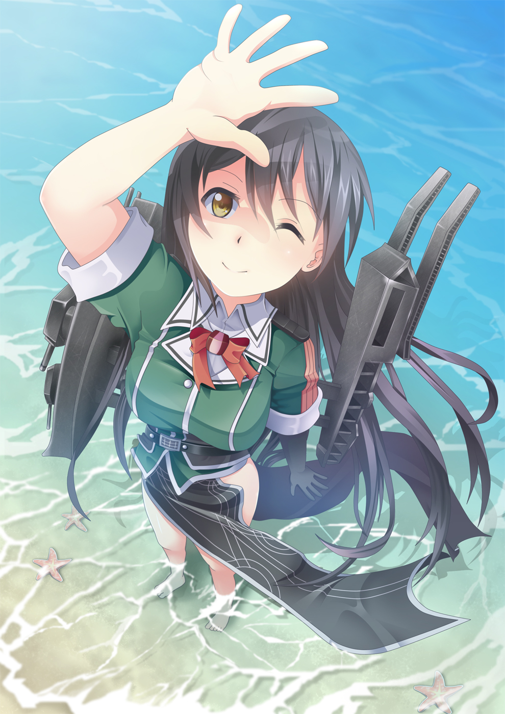 ;) arm_up barefoot black_hair chikuma_(kantai_collection) day foreshortening from_above full_body highres kantai_collection long_hair looking_at_viewer looking_up machinery ocean one_eye_closed open_hand pelvic_curtain remodel_(kantai_collection) shading_eyes smile solo standing starfish very_long_hair wading water yasume_yukito yellow_eyes