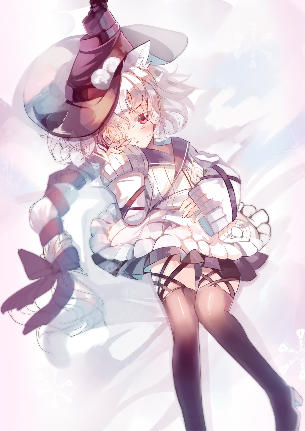 animal_ears black_bullet black_legwear blonde_hair blush fuse_midori fuyouchu hair_over_one_eye hat highres long_hair looking_at_viewer lying on_back pink_eyes sleeves_past_wrists solo thighhighs very_long_hair witch_hat
