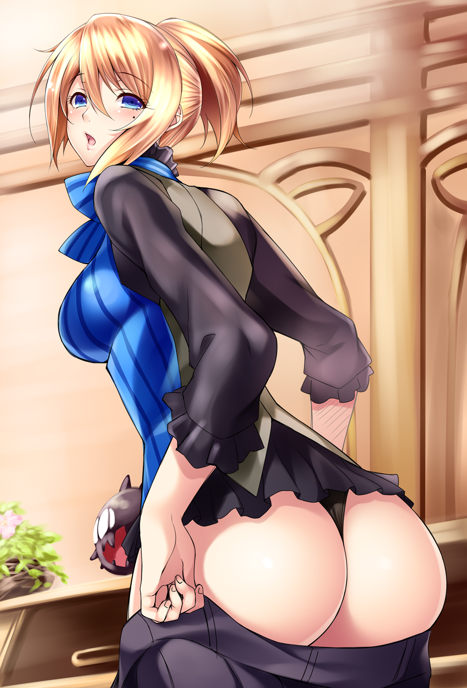 ass ass_support blonde_hair blue_eyes blush breasts from_behind god_eater god_eater_2:_rage_burst highres large_breasts line_shading looking_at_viewer mole mole_under_eye open_mouth original panties player_(god_eater_2) ponytail short_hair solo thong underwear undressing watanuki_kaname