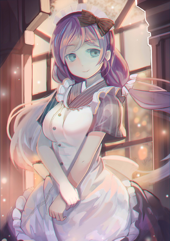 apron blue_eyes bow breasts cowboy_shot fuyouchu hair_bow light_particles light_smile long_hair looking_away love_live! love_live!_school_idol_project low_twintails maid maid_headdress medium_breasts pinstripe_pattern purple_hair smile solo striped sunlight toujou_nozomi twintails v_arms very_long_hair window