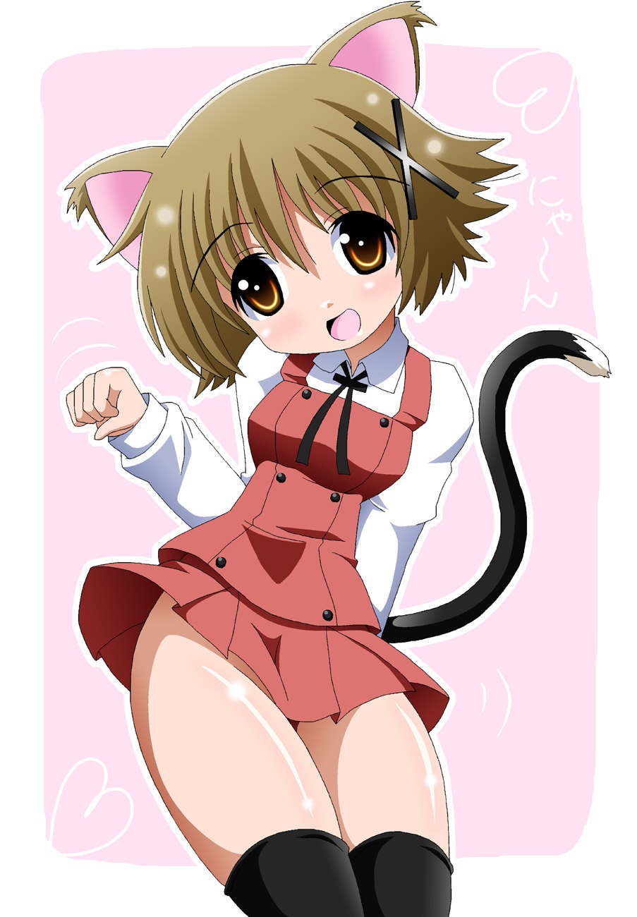 animal_ears ass cat_ears hidamari_sketch highres imai_kazunari paw_pose school_uniform tail thighhighs thighs wall-eyed yuno