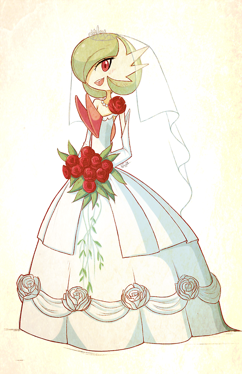 bouquet bride female flower gardevoir mega_evolution mega_gardevoir necklace nintendo pearl_necklace plain_background pok&eacute;mon red_eyes rose solo tiara veil video_games wedding wedding_dress wedding_veil yuki-menoko