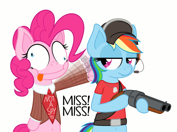 2014 animated crossover earth_pony equine female feral friendship_is_magic gun horse mammal my_little_pony pinkie_pie_(mlp) pony rainbow_dash_(mlp) ranged_weapon scout_(team_fortress_2) spy_(team_fortress_2) stabbing team_fortress_2 weapon zutheskunk