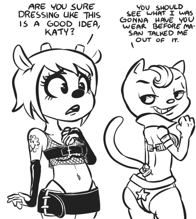 blue_skin breasts butt caprine cat clothing count_darkhugs feline female hair horn jeans katy_kat lammy lammy_lamb leather lipstick mammal orange_skin panties pants parappa_the_rapper rubber sheep um_jammer_lammy underwear