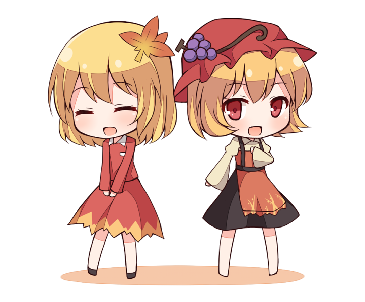 aki_minoriko aki_shizuha blonde_hair chibi closed_eyes dress food fruit grapes hair_ornament hat leaf leaf_hair_ornament multiple_girls open_mouth red_eyes shichikaku short_hair siblings simple_background sisters smile touhou white_background