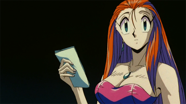 1girl 90s animated animated_gif bare_shoulders between_breasts breasts earrings female ghost_sweeper_mikami jewelry large_breasts lighter long_hair mikami_reiko necklace red_hair screencap simple_background solo
