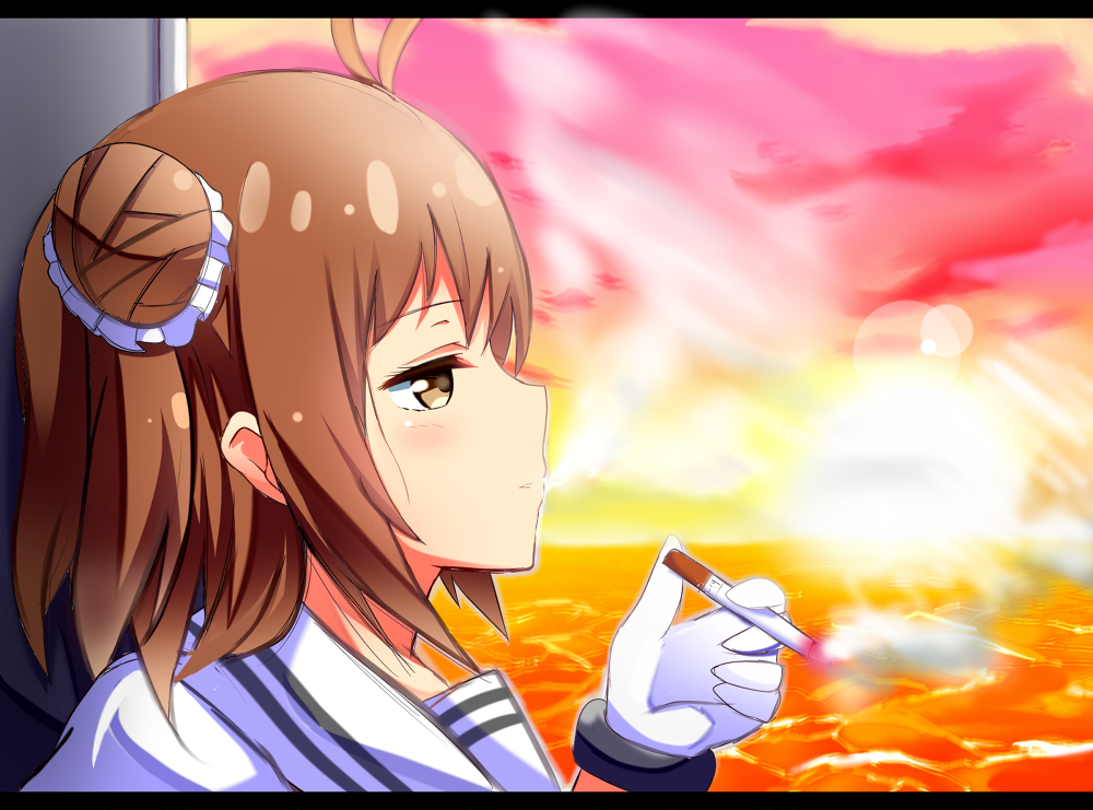 ahoge antenna_hair bad_id bad_twitter_id brown_eyes brown_hair cigarette double_bun gloves hair_ornament kantai_collection naka_(kantai_collection) school_uniform serafuku shinekalta short_hair smoking