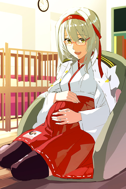 :d bespectacled glasses hairband japanese_clothes jewelry kantai_collection long_hair miko open_mouth pregnant red-framed_eyewear ring ruuto_(sorufu) shoukaku_(kantai_collection) silver_hair sitting sketch smile solo thighhighs wedding_band yellow_eyes