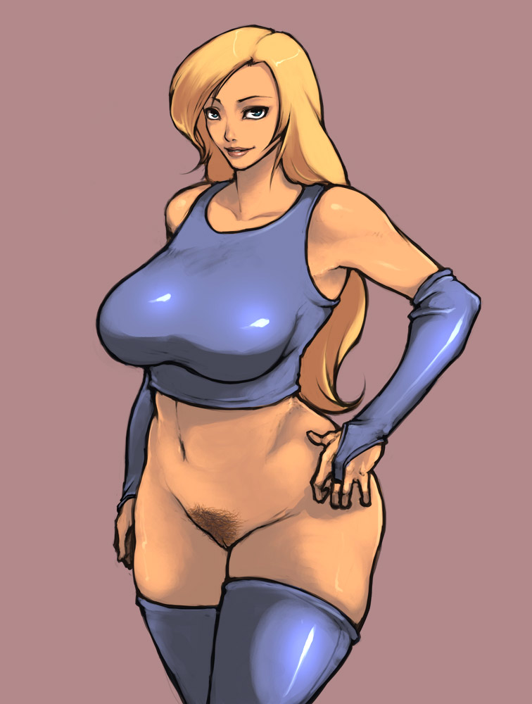 blonde_hair blue_eyes blue_gloves blue_legwear bottomless breasts bridal_gauntlets crop_top curvy elbow_gloves gloves hand_on_hip janne_d'arc large_breasts lips long_hair looking_at_viewer no_panties pink_background pubic_hair pussy rennes smile snk solo sports_bra thick_thighs thighhighs thighs world_heroes