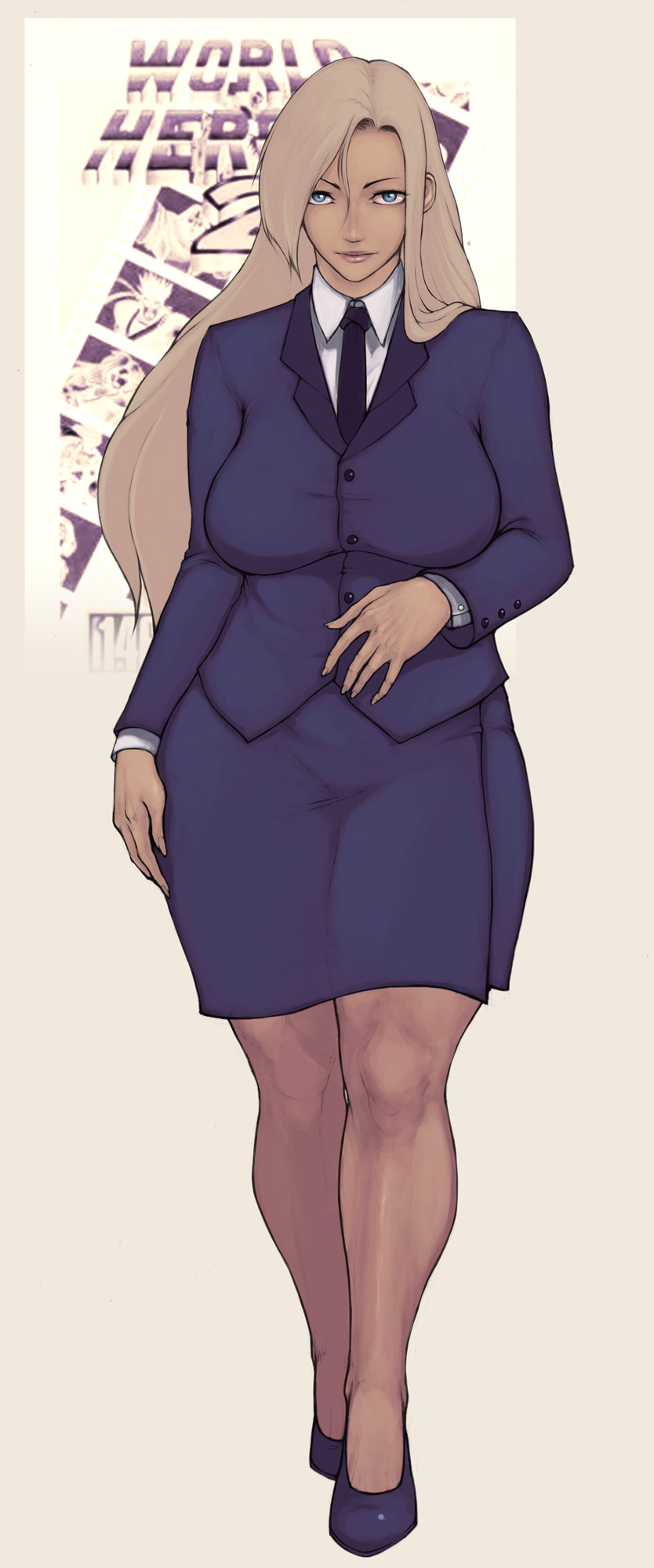 blonde_hair blue_eyes breasts contemporary curvy formal full_body highres jacket janne_d'arc large_breasts lips long_hair necktie nose office_lady pantyhose pencil_skirt pumps rennes skirt skirt_suit smile snk solo suit world_heroes