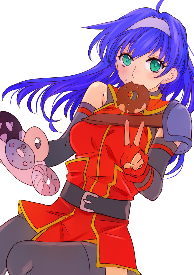 1girl ahoge arm_warmers belt black_legwear blue_hair breasts cowboy_shot doughnut fingerless_gloves fire_emblem fire_emblem:_akatsuki_no_megami fire_emblem:_souen_no_kiseki fire_emblem_heroes food gloves green_eyes headband long_hair looking_at_viewer medium_breasts mouth_hold nintendo red_gloves shirt shoulder_armor simple_background solo taguchi_(igutiguti) thighhighs turtleneck v wayu_(fire_emblem) white_background