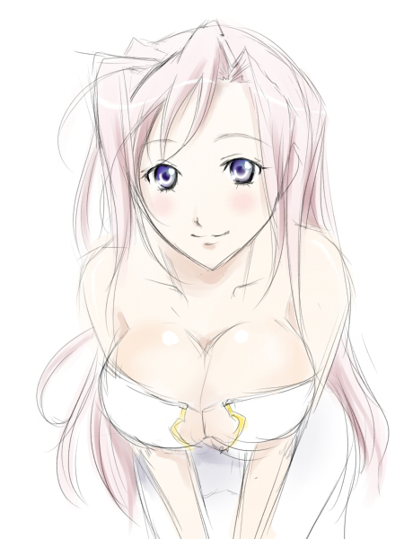 blush breasts charlotte_hazellink cleavage cleavage_cutout large_breasts leaning_forward long_hair pink_hair princess_lover purple_eyes shiromu simple_background sketch smile solo