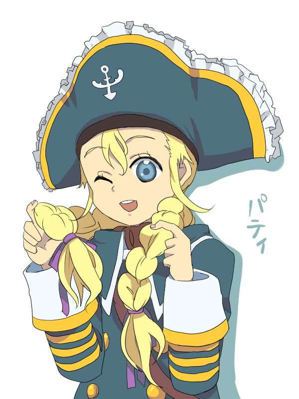 anchor_symbol blonde_hair blue_eyes braid character_name child hat housengo long_hair one_eye_closed patty_fleur pirate_hat solo tales_of_(series) tales_of_vesperia twin_braids