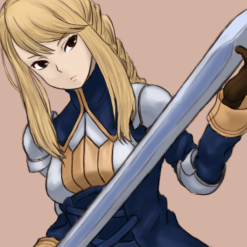 agrias_oaks armor blonde_hair braid dutch_angle final_fantasy final_fantasy_tactics gloves holding holding_sword holding_weapon knight long_hair looking_at_viewer lowres pauldrons red_eyes sheath single_braid solo sword unsheathing upper_body weapon yamayama3246