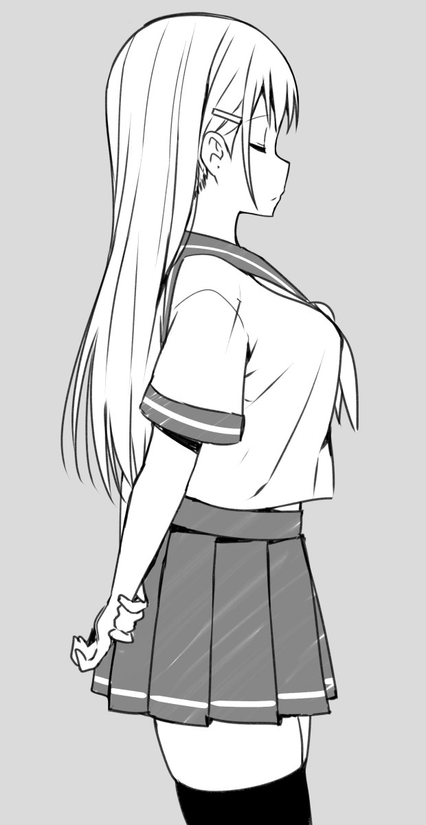 breasts character_request closed_eyes greyscale hair_ornament hairclip highres kantai_collection long_hair medium_breasts monochrome school_uniform serafuku sketch skirt sky_(freedom) solo thighhighs zettai_ryouiki
