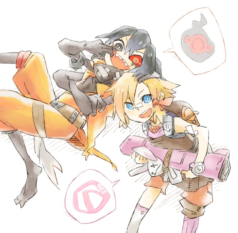 2girls alien bandaid bandaid_on_nose battleborn black_hair blonde_hair borderlands crossover extra_arms multiple_girls orendi_(battleborn) sharp_teeth teeth tiny_tina ziro_(daydozen)