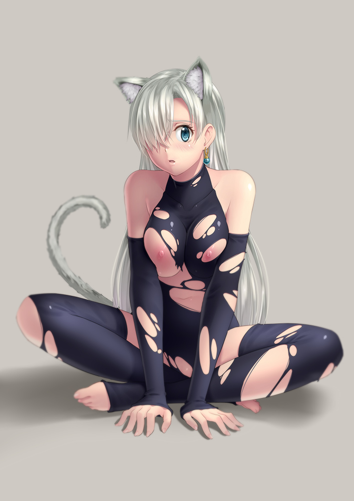 animal_ears arm_support bare_shoulders barefoot black_legwear black_leotard blush breast_squeeze breasts cat_ears cat_tail covered_collarbone detached_sleeves earrings elizabeth_liones embarrassed feet full_body grey_background groin hair_over_one_eye halterneck impossible_clothes impossible_leotard indian_style jewelry kai_(link2262) kemonomimi_mode large_breasts leotard long_hair long_sleeves looking_at_viewer nanatsu_no_taizai navel nipples one_eye_covered parted_lips raised_eyebrows shadow silver_hair simple_background sitting sleeves_past_wrists solo spread_legs straight_hair tail thighhighs thighs toeless_legwear toes torn_clothes torn_leotard turtleneck very_long_hair