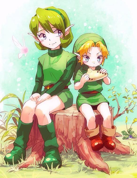 1girl bad_id bad_twitter_id blonde_hair blue_eyes boots green_footwear green_hair green_hairband hairband hat instrument link noaki ocarina pointy_ears saria smile the_legend_of_zelda the_legend_of_zelda:_ocarina_of_time younger