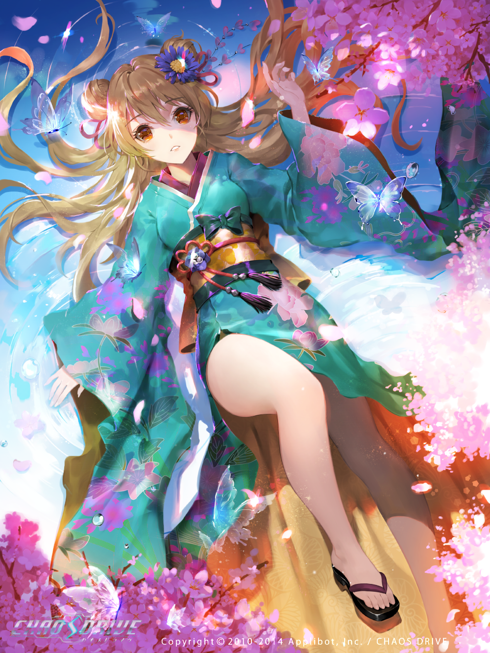 brown_eyes brown_hair bug butterfly chaos_drive cherry_blossoms double_bun flower hair_flower hair_ornament highres insect japanese_clothes kimono legs long_hair lying on_back revision ripples sandals solo tob water