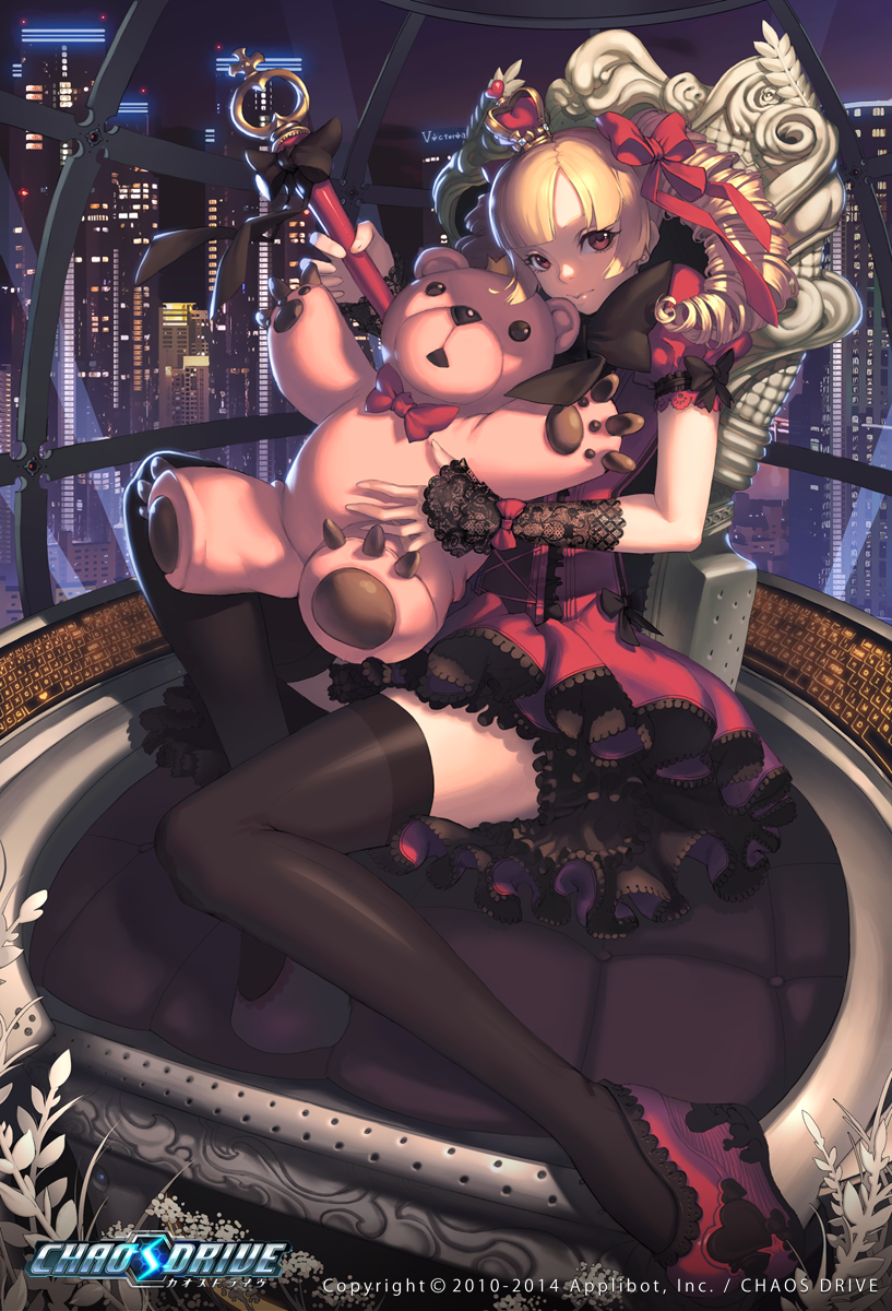 ankh bad_id bad_pixiv_id bangs black_legwear blonde_hair blunt_bangs bow bowtie building cage chair chaos_drive city copyright_name cross-laced_clothes crown detached_sleeves dress drill_hair earrings frilled_dress frills from_side gem glowing gothic_lolita hair_bow heart heart_print highres holding jewelry keyboard_(computer) lace leaf lights logo lolita_fashion long_hair looking_at_viewer mini_crown na_in-sung night night_sky official_art parted_bangs platform_footwear princess_elizabeth puffy_short_sleeves puffy_sleeves red_dress red_eyes shoes short_dress short_sleeves sitting sky skyscraper solo stuffed_animal stuffed_toy teddy_bear thighhighs throne twin_drills wand window zettai_ryouiki