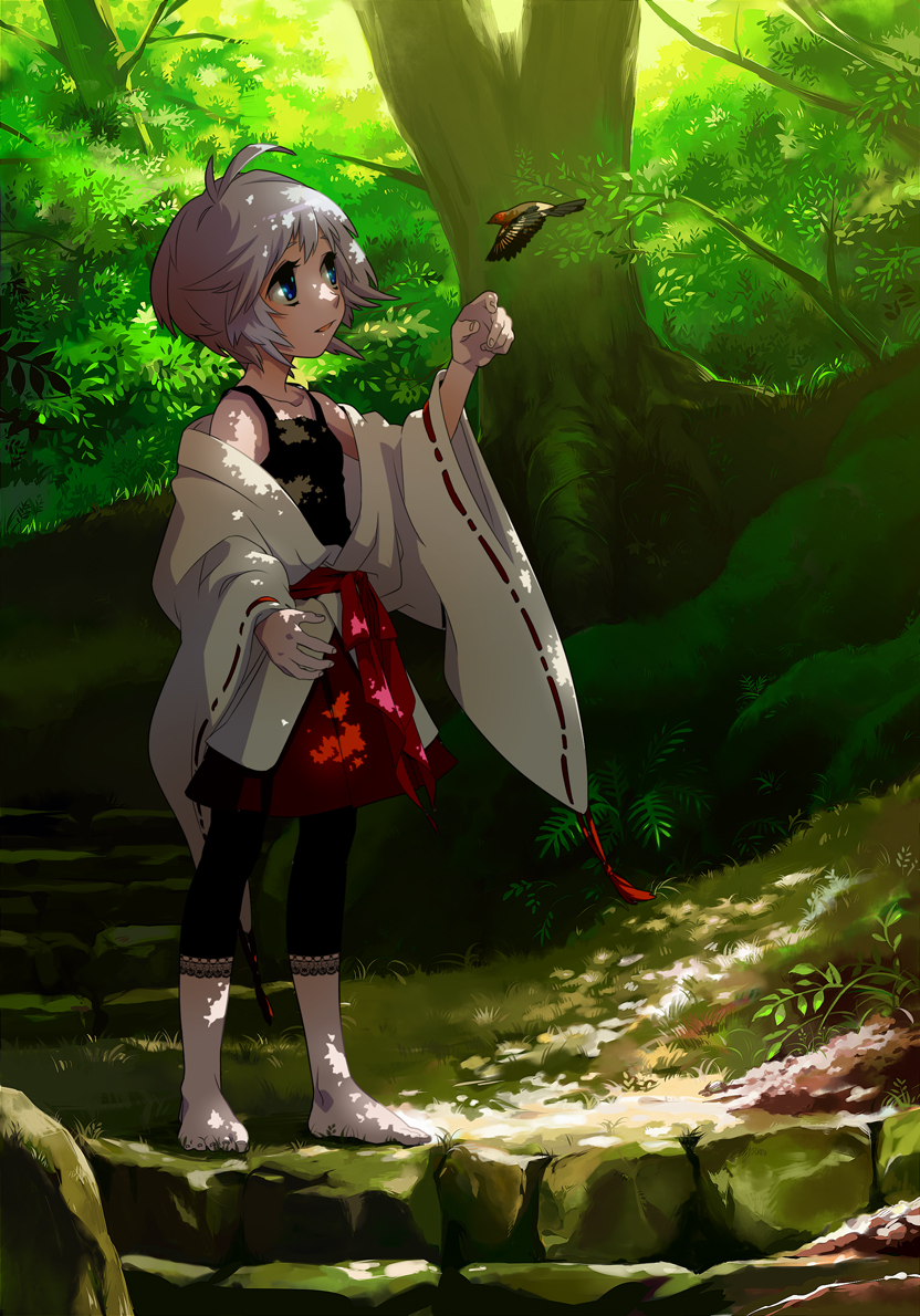 adapted_uniform barefoot bird blue_eyes camisole capri_pants dappled_sunlight forest japanese_clothes nature nontraditional_miko original pants shade short_hair silver_hair skirt solo stairs sunlight tree tree_shade wide_sleeves yukihiko