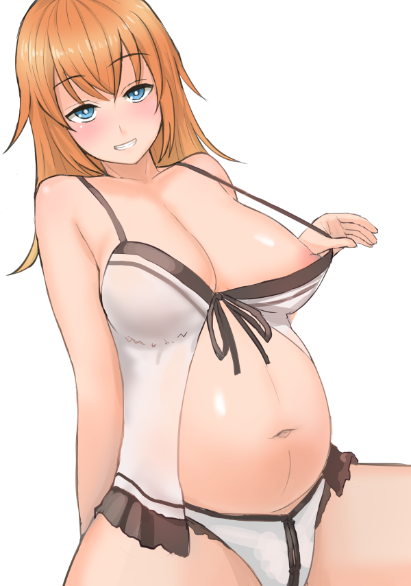 babydoll blue_eyes blush breasts charlotte_e_yeager flashing grin large_breasts lingerie long_hair looking_at_viewer navel orange_hair panties pregnant smile solo strike_witches taji_(crowview) underwear white_background world_witches_series
