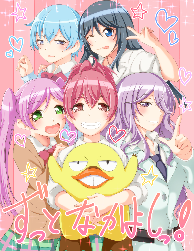 black_hair blue_eyes blue_hair crab goutokuji_kayo green_eyes grin hair_over_one_eye kamo_(sabagebu!) kasugano_urara_(sabagebu!) kippuru kyoudou_maya long_hair mole mole_under_mouth multiple_girls ootori_miou pink_eyes pink_hair purple_hair sabagebu! short_hair smile sonokawa_momoka translation_request twintails