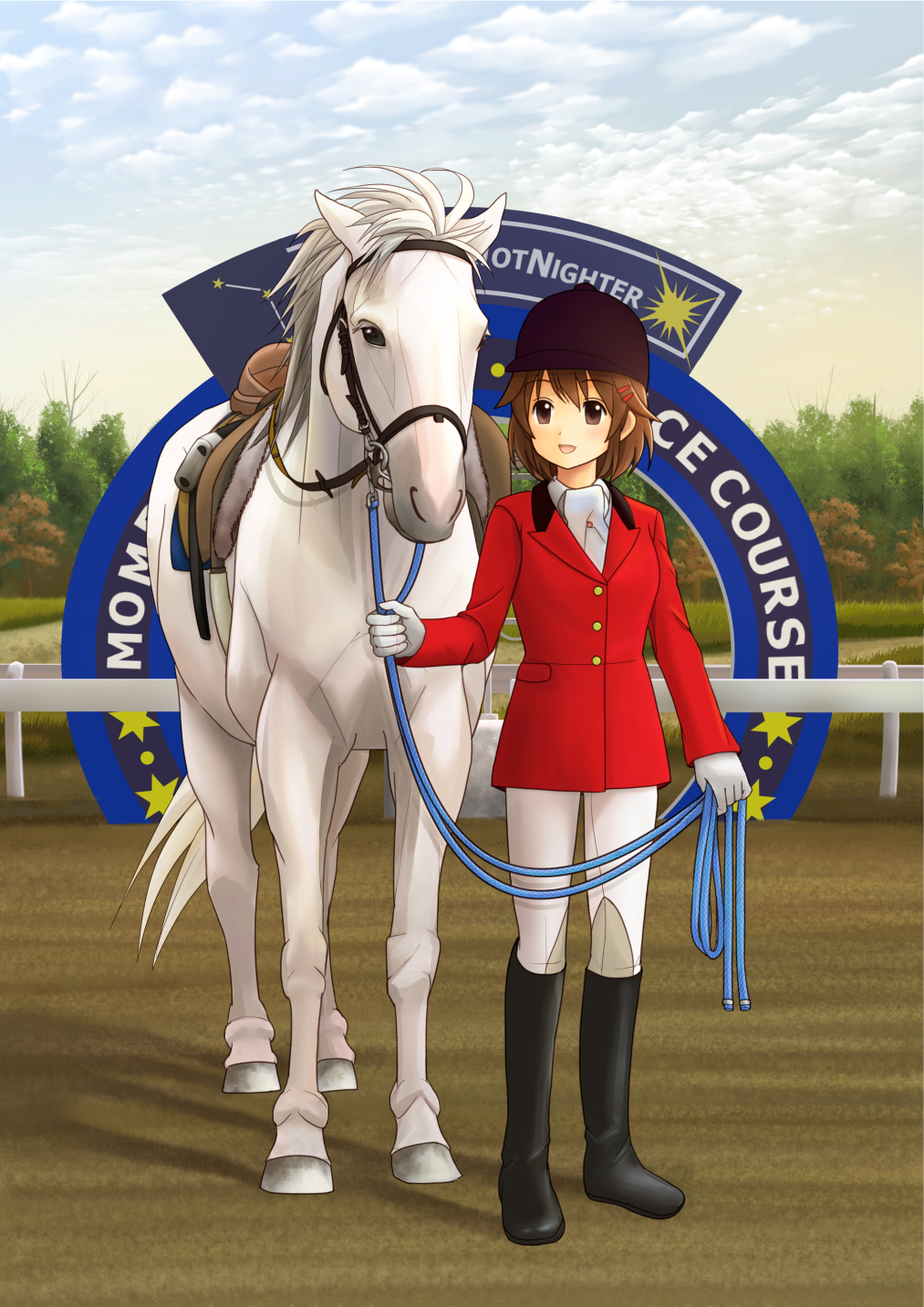 :d blue_rope brown_eyes brown_hair eijima_moko gloves hair_ornament hairclip hat highres holding horse open_mouth original rope short_hair smile text_focus uniform white_gloves