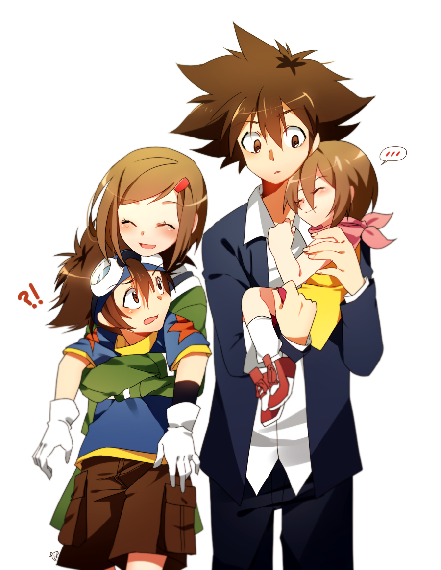 2boys 2girls ^_^ bad_id bad_pixiv_id blush brother_and_sister brown_hair carrying closed_eyes digimon digimon_adventure digimon_adventure_tri. dual_persona embarrassed gloves goggles goggles_on_head green_shirt hair_ornament hairclip hug hug_from_behind long_sleeves maro_(lij512) multiple_boys multiple_girls odaiba_middle_school_uniform older scarf school_uniform shirt short_hair shorts siblings smile socks star time_paradox tsukishima_general_high_school_uniform yagami_hikari yagami_taichi