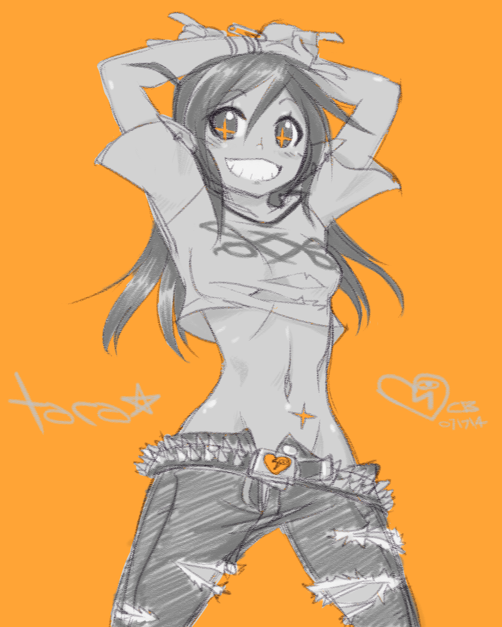 1girl \m/ ahoge arms_up belt breasts character_name cowboy_shot crop_top dark_elf dated demon_mages denim double_\m/ elf greyscale grin highres jason_robinson jeans long_hair midriff monochrome navel no_bra open_fly orange_background pants pointy_ears safety_pin shirt sketch small_breasts smile solo studded_belt t-shirt tara_olphoros torn_clothes torn_jeans torn_pants unzipped