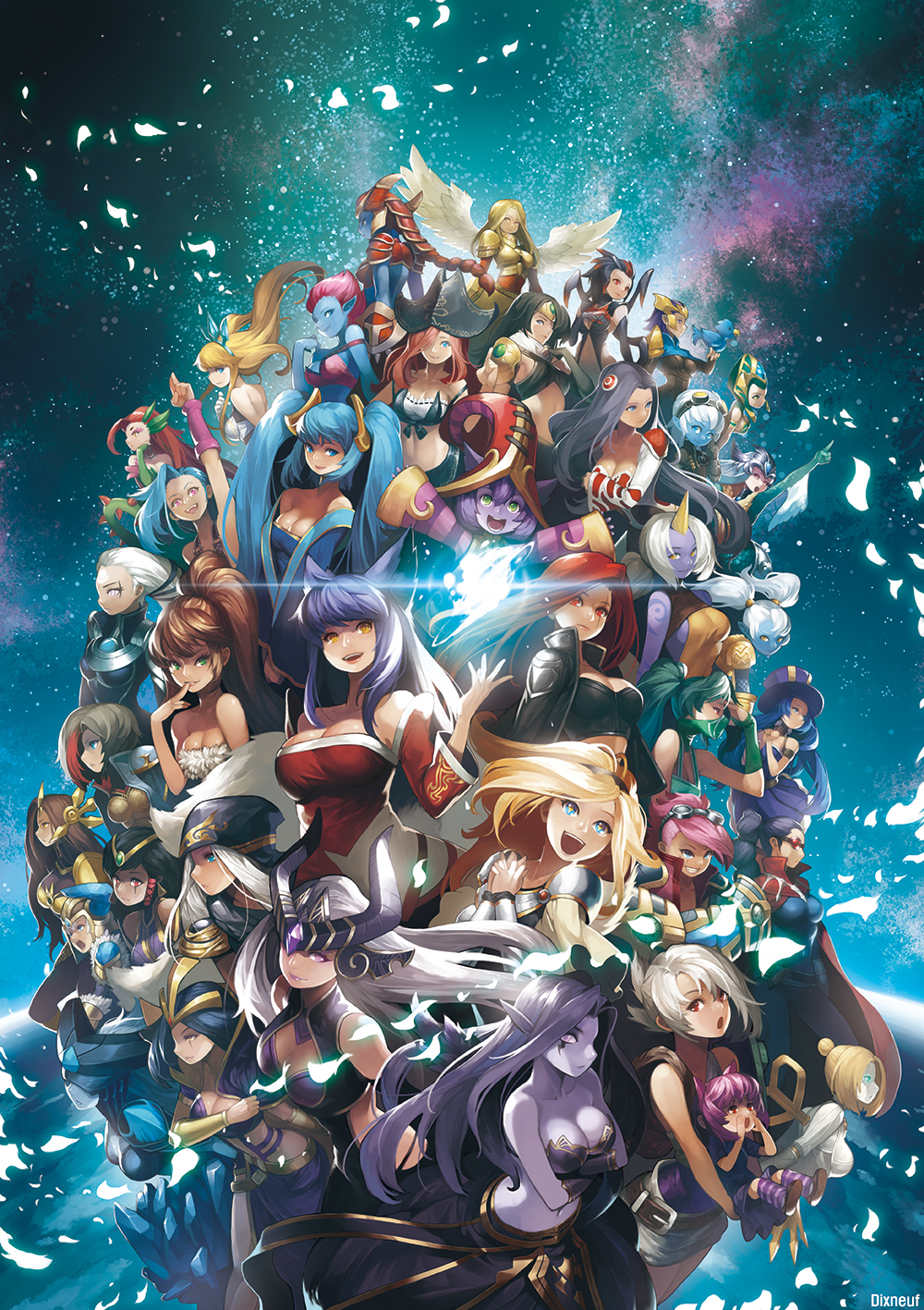 ahri akali android angel_wings animal_ears annie_hastur armor arms_up ashe_(league_of_legends) belt bird black_hair blonde_hair blue_eyes blue_hair blue_skin bracer breasts brown_eyes buckler caitlyn_(league_of_legends) cassiopeia_du_couteau cleavage crop_top crossed_arms diana_(league_of_legends) dragon_girl dress eirashard elise_(league_of_legends) emilia_leblanc evelynn everyone face_mask finger_to_chin finger_to_mouth fiora_laurent flat_chest fox_ears fox_tail fur_trim goggles green_eyes hair_ornament halter_top halterneck hands_clasped hat head_fins helmet highres hood horn insect_girl irelia janna_windforce jinx_(league_of_legends) karma_(league_of_legends) katarina_du_couteau kayle lamia large_breasts league_of_legends lens_flare leona_(league_of_legends) lissandra long_hair lulu_(league_of_legends) luxanna_crownguard mask mermaid monster_girl morgana multiple_girls nami_(league_of_legends) nidalee open_mouth orianna_reveck own_hands_together pink_eyes pink_hair pirate_hat pointing pointy_ears ponytail poppy purple_eyes purple_hair quinn red_eyes red_hair riven_(league_of_legends) sarah_fortune sejuani shading_eyes shauna_vayne shield shoulder_pads shyvana silver_hair sivir skirt smile sona_buvelle soraka space spider_girl star_(sky) sunglasses symbol-shaped_pupils syndra tail top_hat tristana twintails vi_(league_of_legends) white_hair winding_key wings yellow_eyes yordle zyra