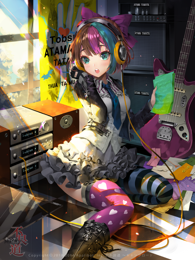 artist_name black_gloves bob_cut boots checkered checkered_floor cropped_jacket electric_guitar fingerless_gloves frilled_skirt frills gloves guitar hand_on_headphones headphones instrument letter mismatched_legwear multicolored_hair necktie open_mouth original print_legwear short_hair sitting skirt solo speaker striped striped_legwear thighhighs tob vietnamese yokozuwari