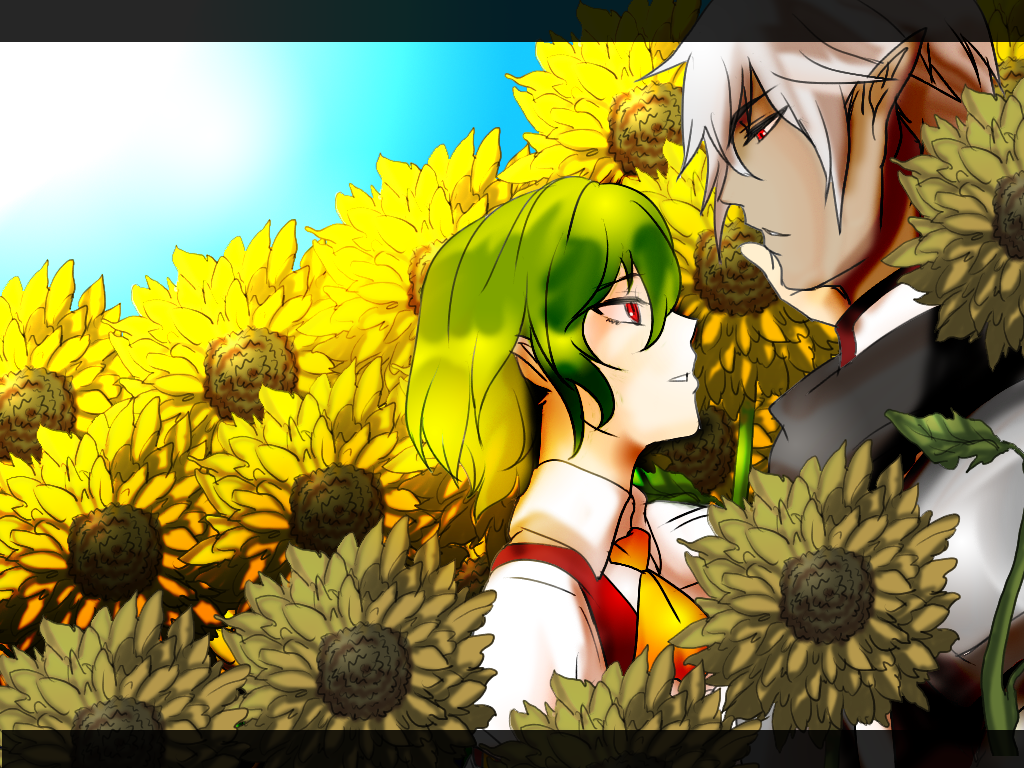 1girl armor buront crossover final_fantasy final_fantasy_xi flower green_hair kazami_yuuka maruman pointy_ears red_eyes short_hair silver_hair sunflower the_iron_of_yin_and_yang touhou vest