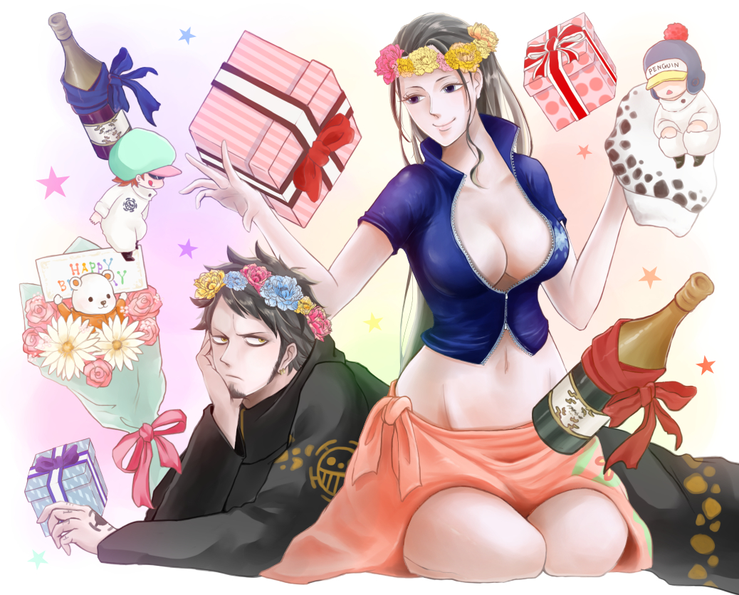 1girl alcohol bangs bepo black_hair blue_shirt bottle bouquet box breasts center_opening chin_rest cleavage collarbone crop_top facial_hair flower gift gift_box goatee hair_slicked_back head_tilt jacket jolly_roger kneeling large_breasts long_hair long_sleeves lying midriff navel nico_robin no_bra no_glasses one_piece open_clothes open_shirt penguin_(one_piece) pink_skirt pirate present sarong shachi_(one_piece) shirt short_hair short_sleeves sitting skirt smile tattoo trafalgar_law unzipped wine wreath yuri_(wakayuri) zipper