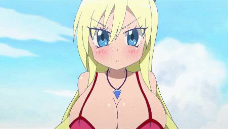 1girl animated animated_gif bikini_top blonde_hair blue_eyes bouncing_breasts breasts fuji-san large_breasts lowres mermaid monster_girl namiuchigiwa_no_muromi-san